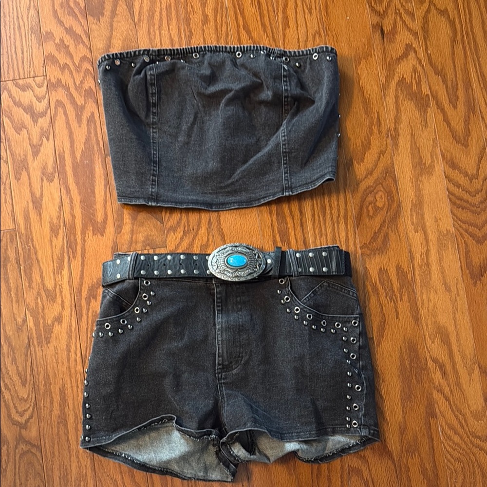 Fashion Nova Black Denim Studded Set